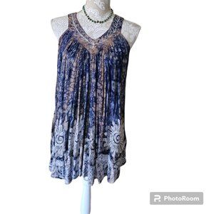 Tie Dye Blue with Tan Summer Sleeveless Tunic Top-Shirt